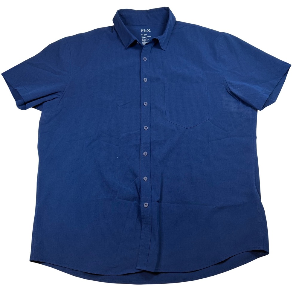 FLX Urban Commuter Mens XL Slim Navy Blue Short Sleeve Button Down Shirt Stretch
